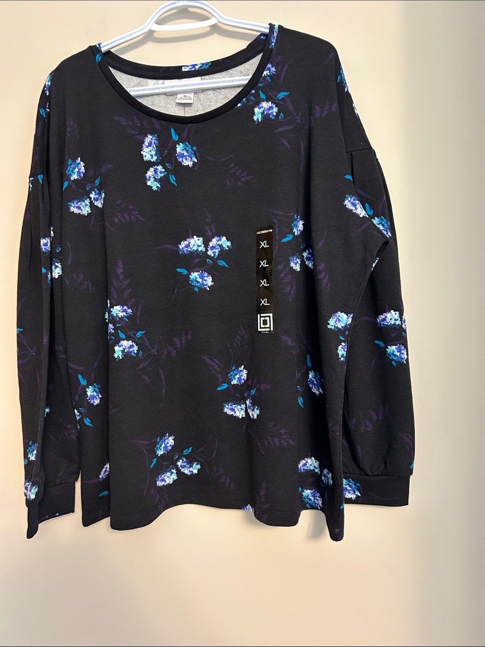Liz Claiborne Black/Floral Long Sleeve Top - Blue & Teal Blooms NWT size XL
